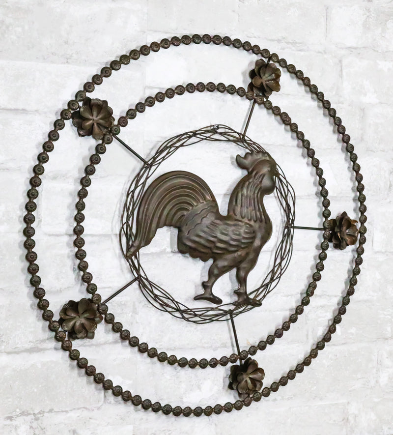 16"D Vintage Rustic Country Farm Rooster Chicken Metal Wall Circle Decor Plaque