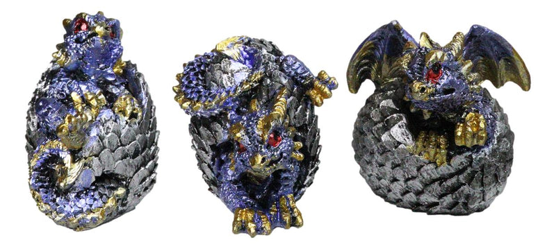 Set of 12 Metallic Red Green Purple Blue Baby Dragons In Eggs Mini Figurines