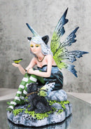 Feline Fairy In Green White Striped Leggings With Black Fae Winged Cat Figurine