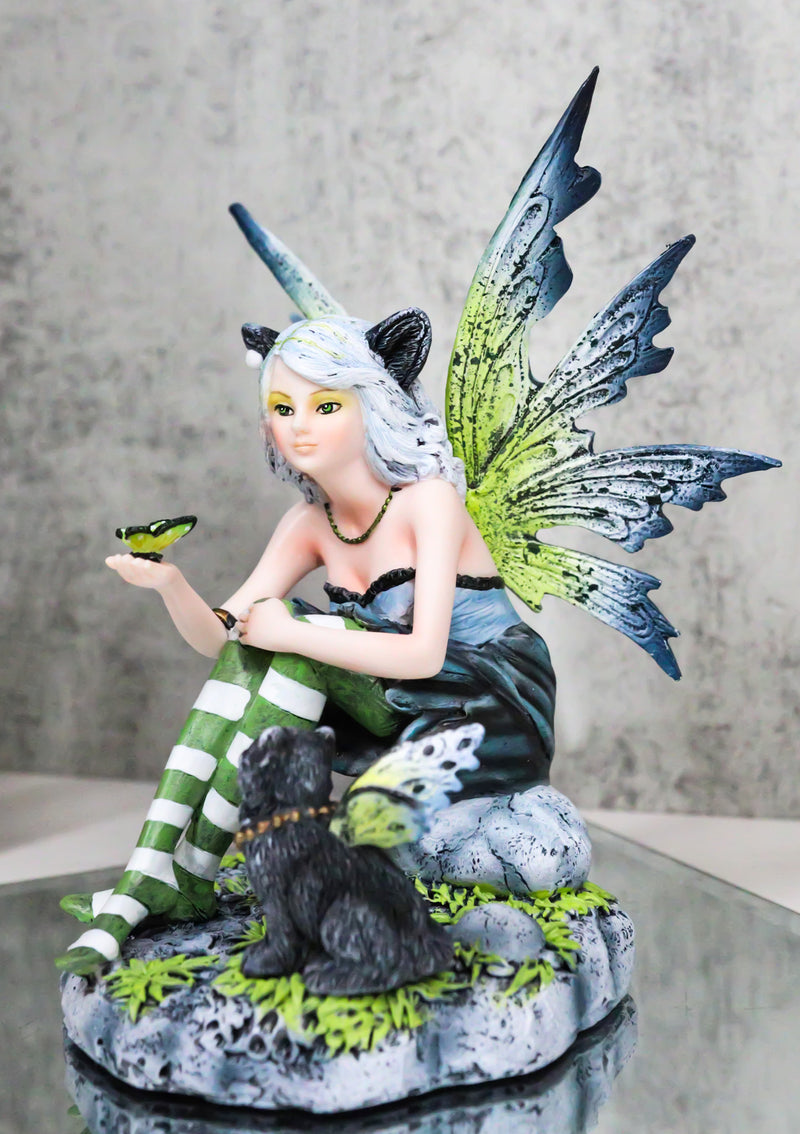 Feline Fairy In Green White Striped Leggings With Black Fae Winged Cat Figurine