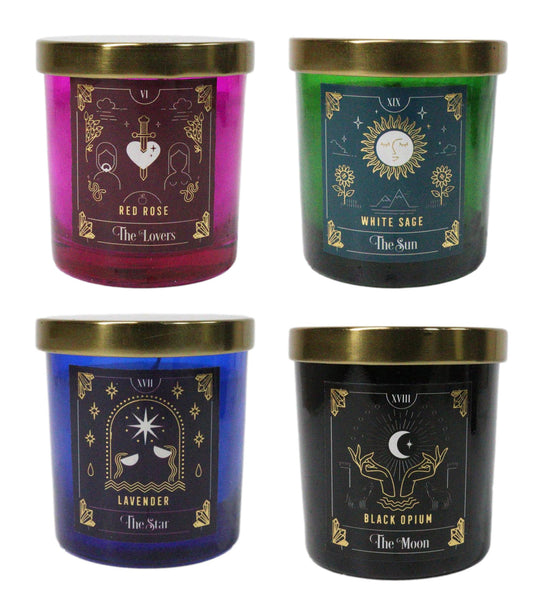 Set Of 4 Wicca Tarot Red Rose Lavender White Sage Black Opium Pillar Candles