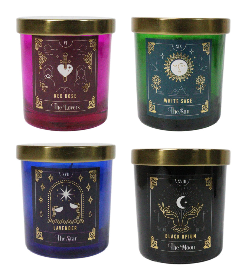 Set Of 4 Wicca Tarot Red Rose Lavender White Sage Black Opium Pillar Candles