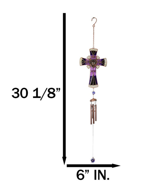 Purple Floral Scroll Hearts Christian Cross Art Glass Metal Resonant Wind Chime