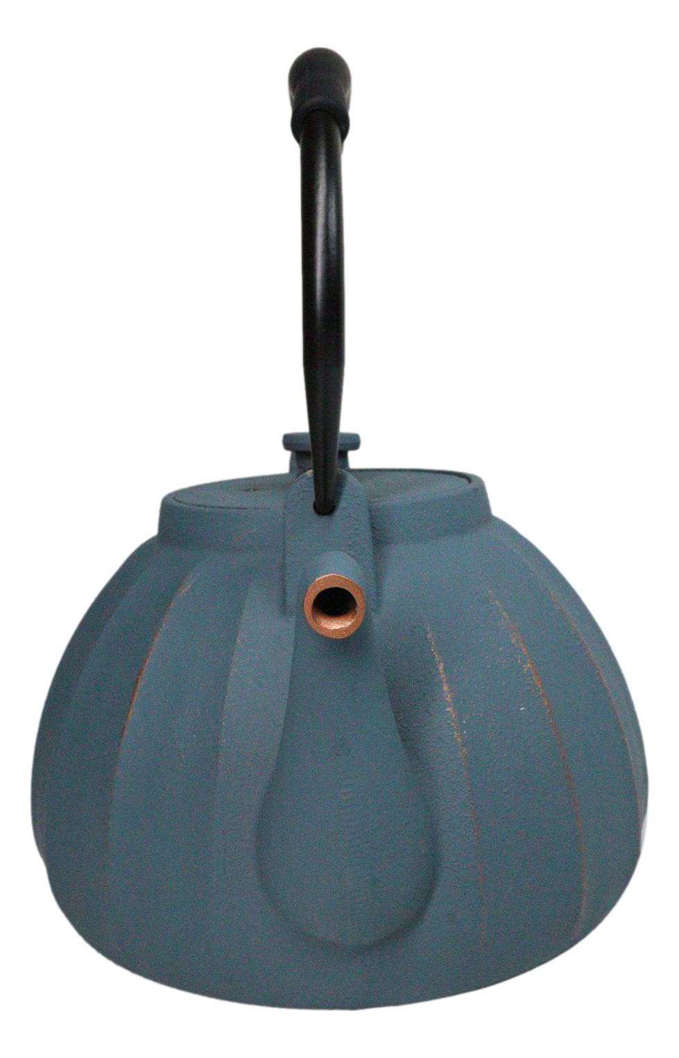 Blue Gold Streaks Wide Base Vertical Lines Medium Cast Iron Teapot 33oz Tea Pot