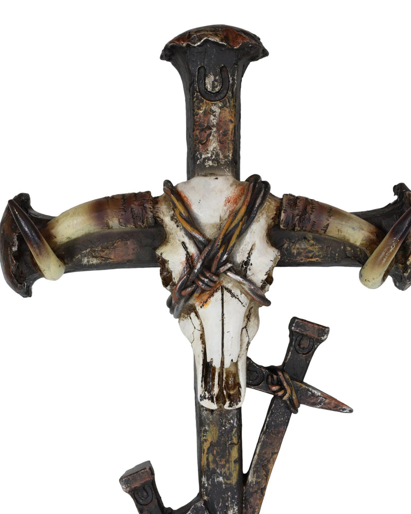 Rustic Western Barbed Wires Cow Skull With 3 Spike Nails Crosses Wall Cross