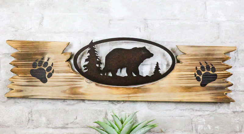 Rustic Western Black Bear By Pine Trees Metal Cutout Wooden Plank Wall Decor