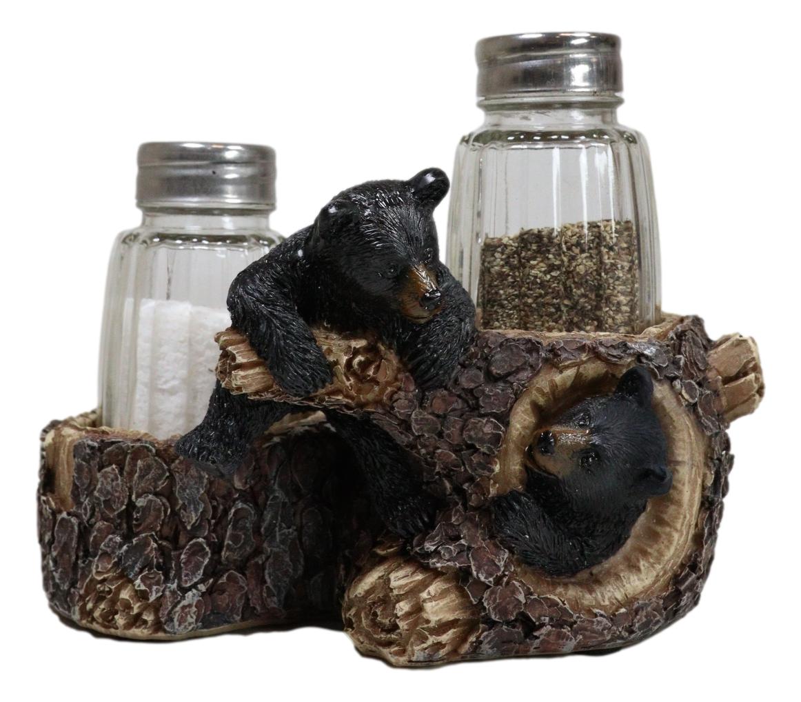 Rustic Forest 2 Black Bear Cubs Playing By Tree Logs Salt Pepper Shakers Holder