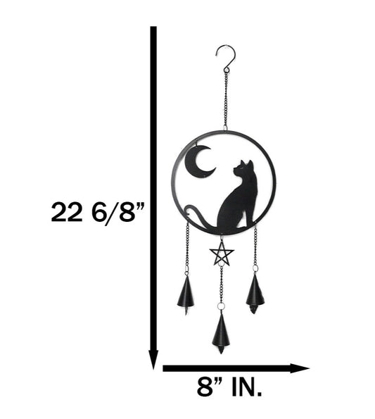 Moon Gazer Black Cat with Crescent Moon Pentagram Wall Hanging Decoration Chime