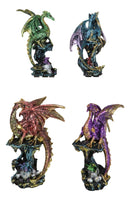 Set Of 4 Metallic Colorful Dragons Perching On Evil Eye Drake Towers Figurines