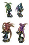 Set Of 4 Metallic Colorful Dragons Perching On Evil Eye Drake Towers Figurines