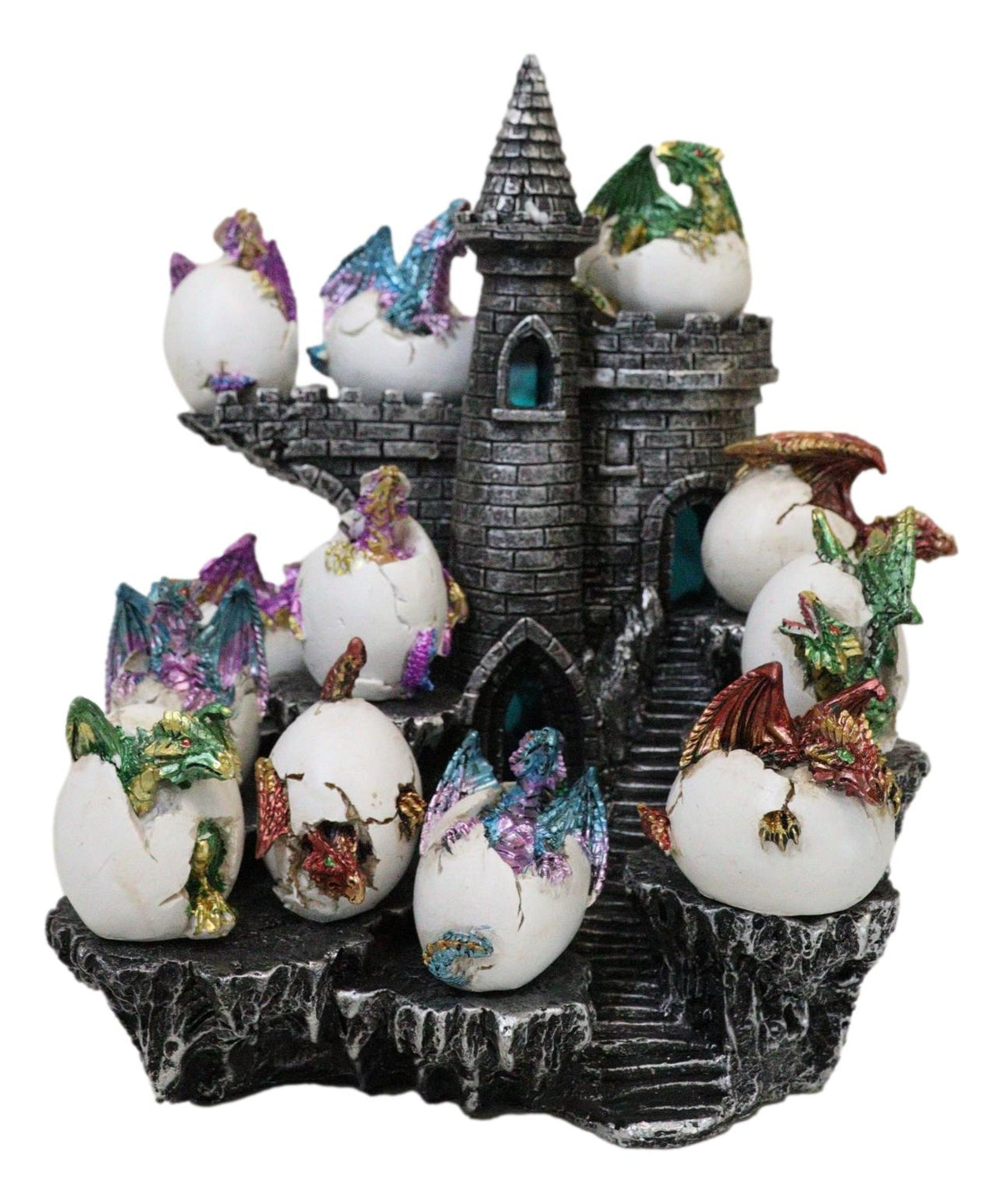 Medieval 12 Mini Dragons In Eggs On Mountain Stonewall Castle Display Stand Set