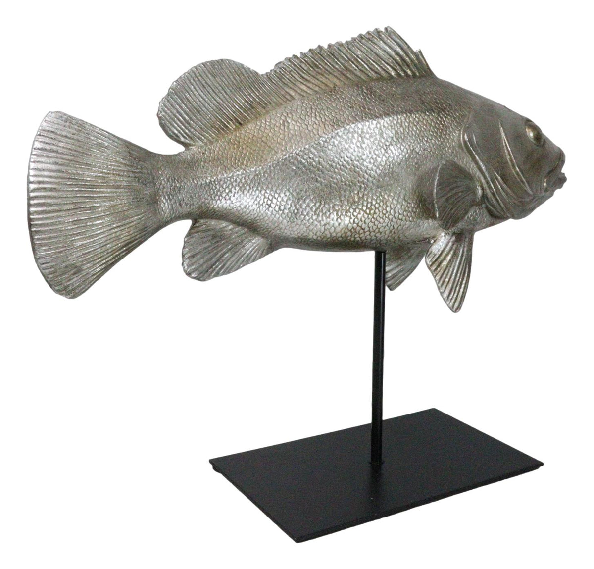 Ocean Marine Silver Tone Serranidae Grouper Fish Sculpture On Metal Pole Stand