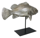 Ocean Marine Silver Tone Serranidae Grouper Fish Sculpture On Metal Pole Stand