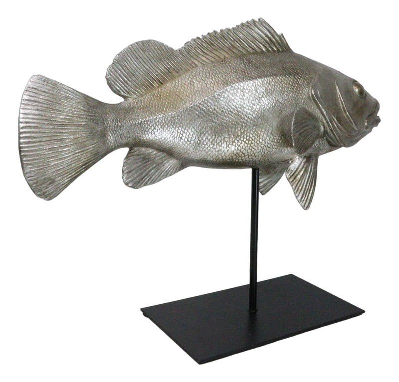 Ocean Marine Silver Tone Serranidae Grouper Fish Sculpture On Metal Pole Stand
