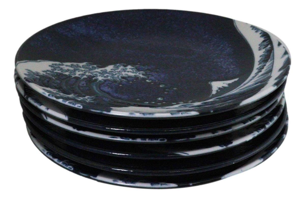 Set Of 6 Blue Japanese Hokusai Great Wave Porcelain Appetizer Salad Small Plates - Ebros Gift