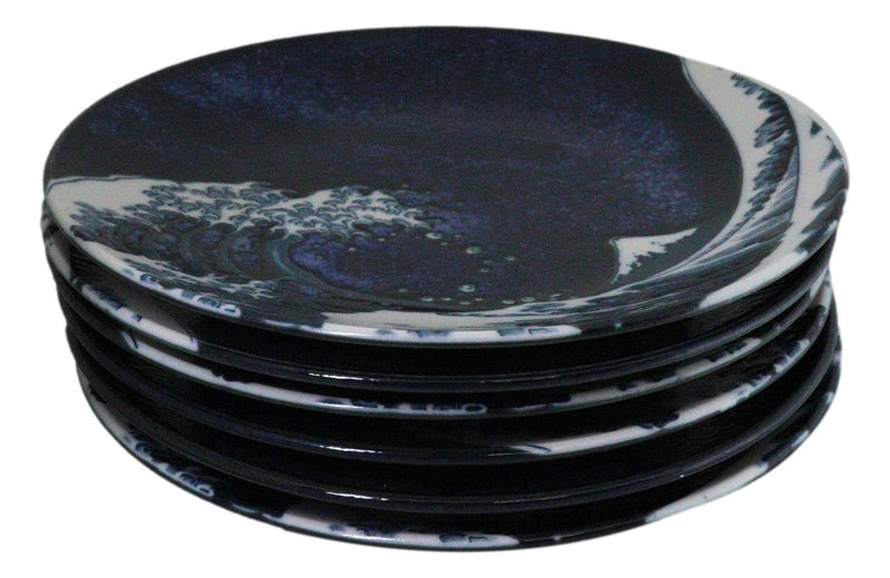 Set Of 6 Blue Japanese Hokusai Great Wave Porcelain Appetizer Salad Small Plates