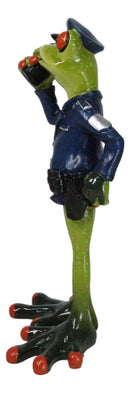 Toad In Blue Police Officer Green Frog Holding Radio Reporting For Duty Figurine