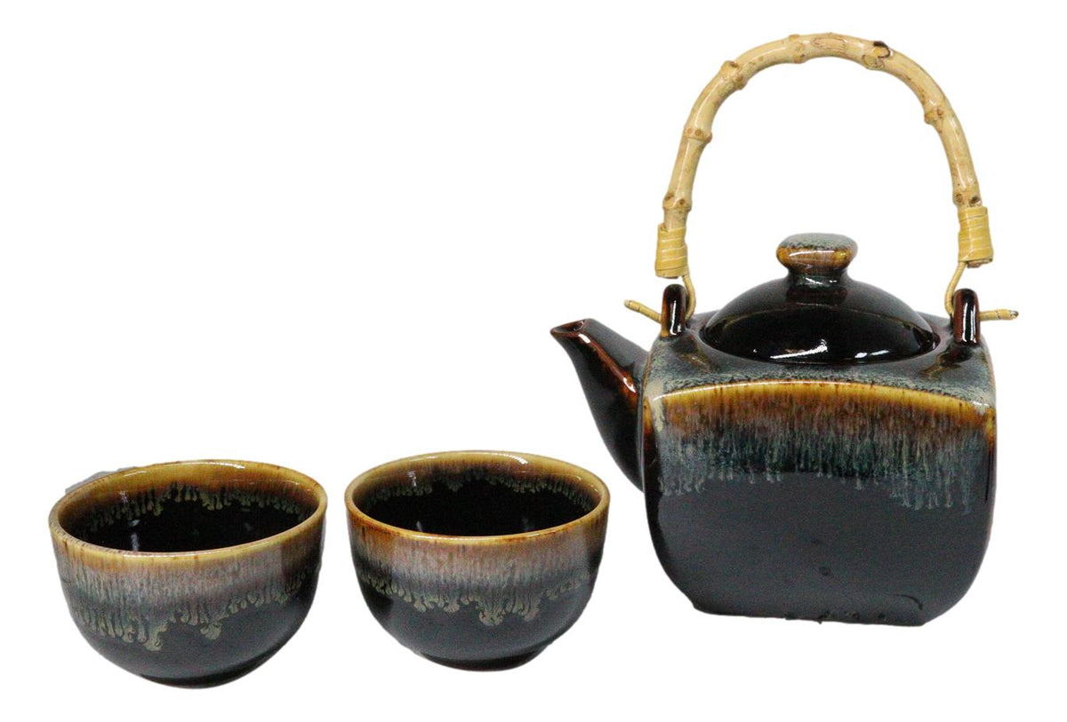 Artistic Black & Brown Waterfall Reactive Glaze 32oz Teapot With 2 Tea Cups Set