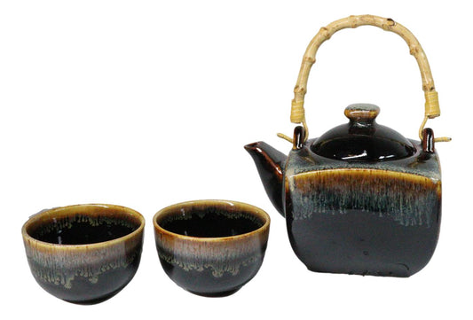 Artistic Black & Brown Waterfall Reactive Glaze 32oz Teapot With 2 Tea Cups Set