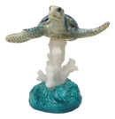 Nautical Blue Sea Turtle Swimming Over Acrylic Coral Reef With Waves Figurine
