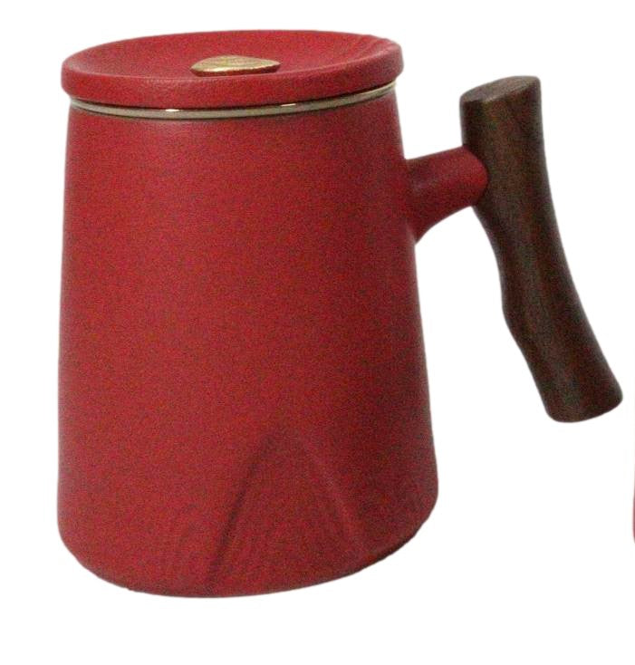 Red 15 Oz Chic Porcelain Tea Mug with Wooden Handle, Lid and Infuser