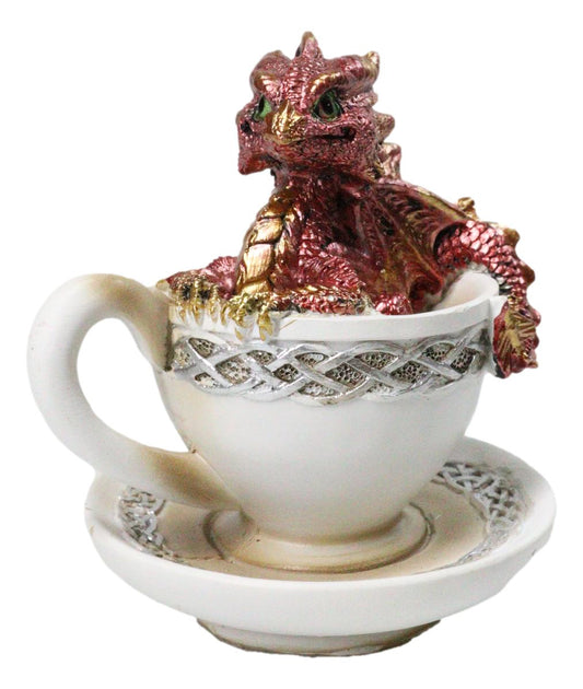 Red Metallic Baby Wyrmling Dragon Bathing In Tea Cup with Saucer Figurine