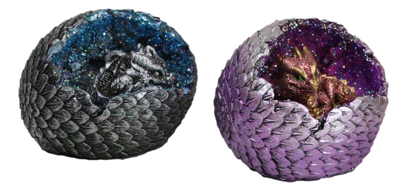 Set of 2 Galaxy Space Baby Dragons In LED Light Faux Geode Quartz Eggs Figurines