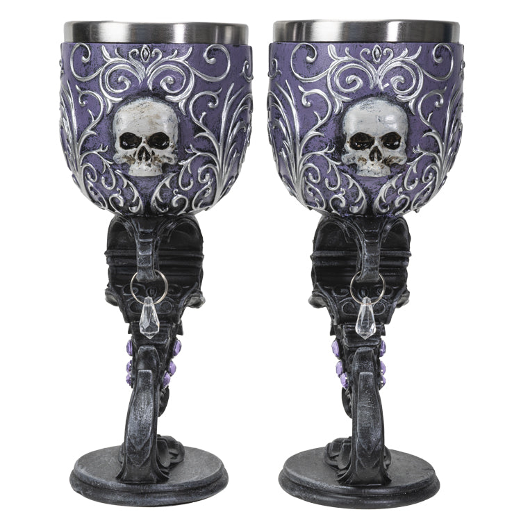 Set Of 2 Gothic Death's Desire Silver Scrollwork Victorian Skull Wine Goblets
