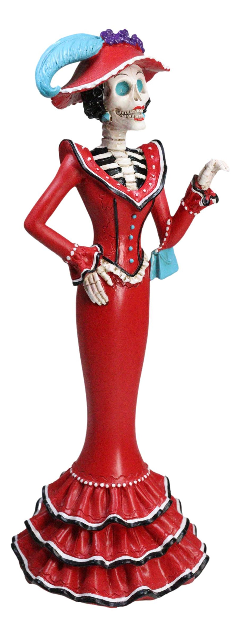 Red Dressed Fashionista Senorita Skeleton Lady Rosa With Blue Handbag Figurine