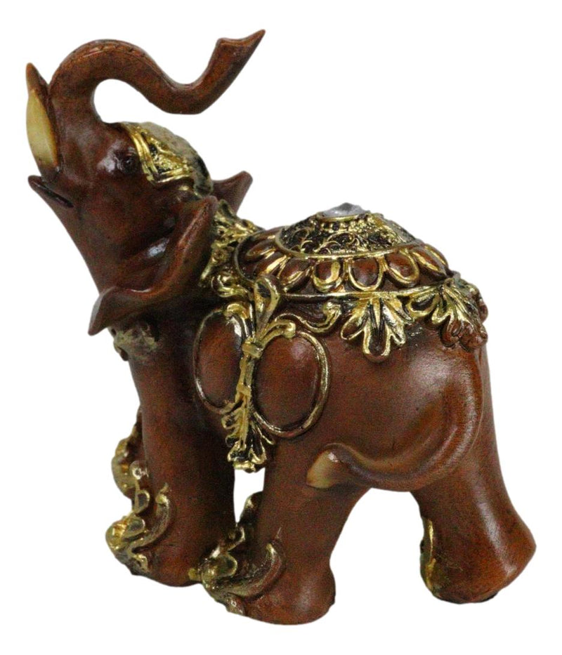 Feng Shui Faux Wood Left Facing Trunk Up Elephant With Golden Tapestry Figurine