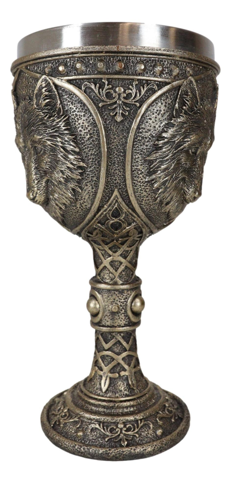 Faux Bronze Alpha Gray Wolf Celtic Tribal Knotwork Wine Chalice Goblet Cup