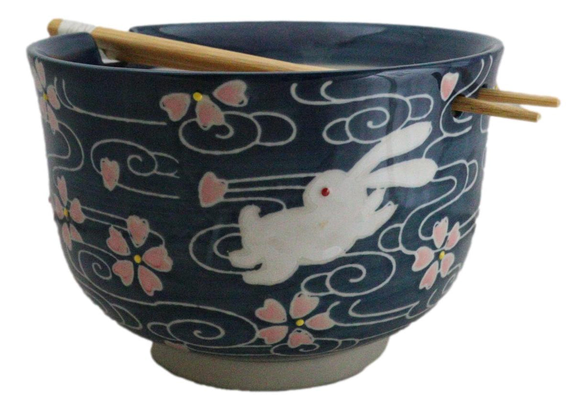 Pink Sakura White Rabbits Large 24Oz Donburi Ramen Bowl With Chopsticks Set
