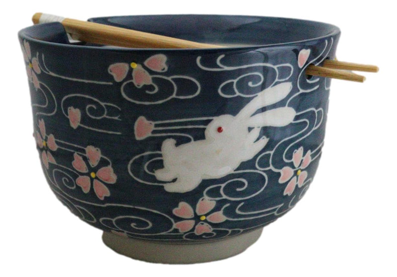 Pink Sakura White Rabbits Large 24Oz Donburi Ramen Bowl With Chopsticks Set