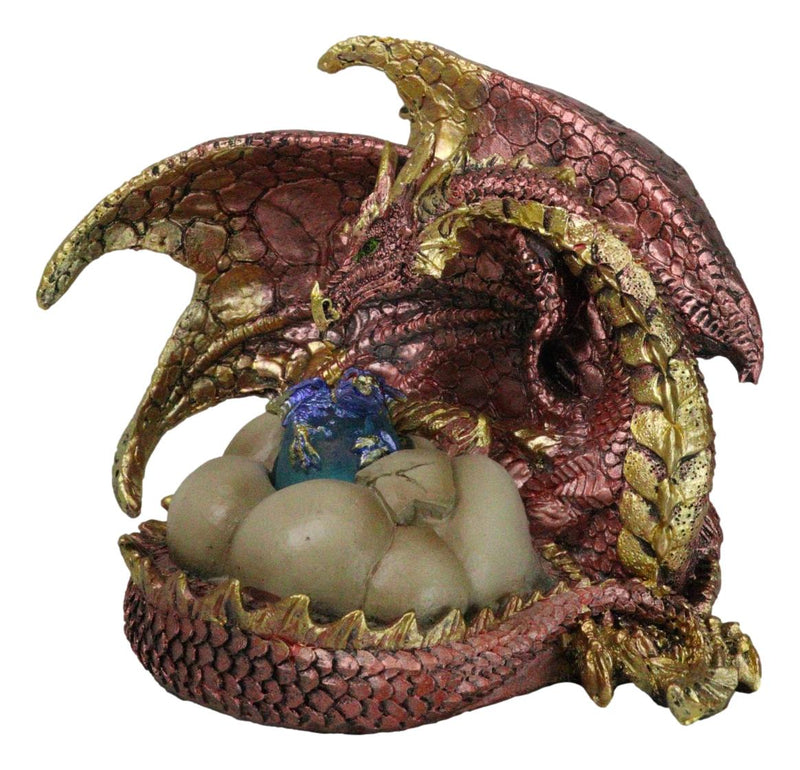 Red Gold Fire Mother Dragon Guarding Eggs And Baby Hatchling With LED Figurine