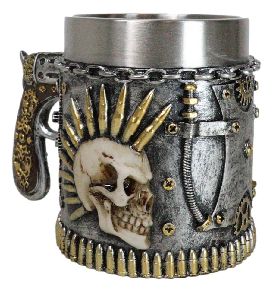 Steampunk Bullets Mohawk Skull War Dog Coffee Mug With Pistol Revolver Handle