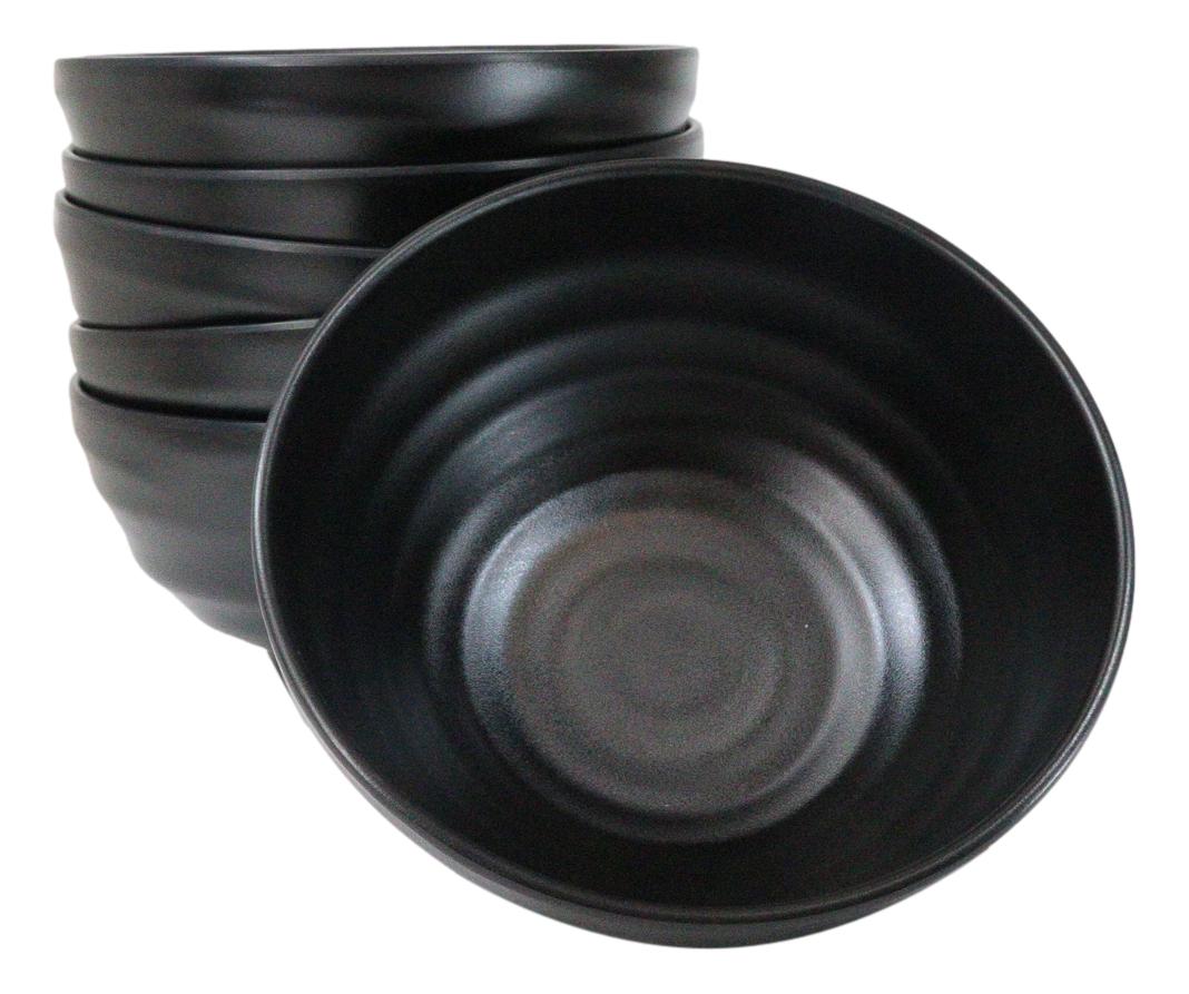 Pack Of 6 Modern Ridged Matte Black Melamine Deep Ramen Soup Pasta Bowls 46oz