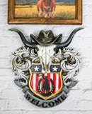 Rustic Western Patriotic Longhorn Cow Skull Cowboy Hat Welcome Wall Decor Plaque