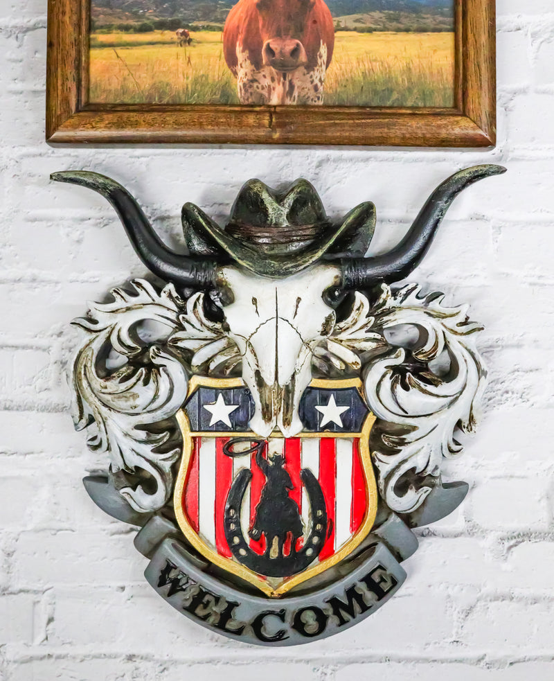 Rustic Western Patriotic Longhorn Cow Skull Cowboy Hat Welcome Wall Decor Plaque