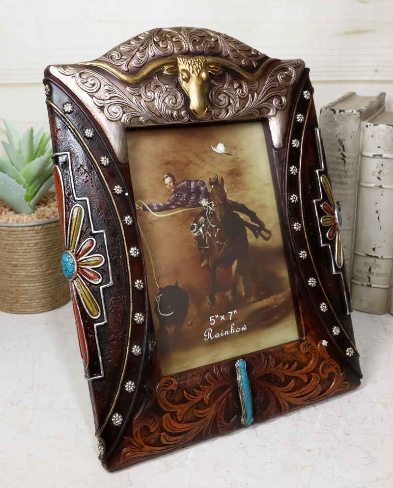 Western Longhorn Tooled Silver Concho Turquoise Gems Picture Photo Frame 5"X7"