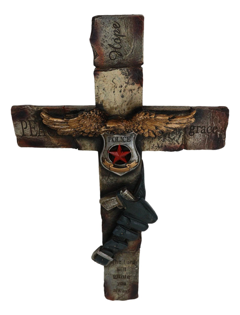 Large Men In Blue Police Officer Gun Eagle Badge Hope Grace Peace Wall Cross