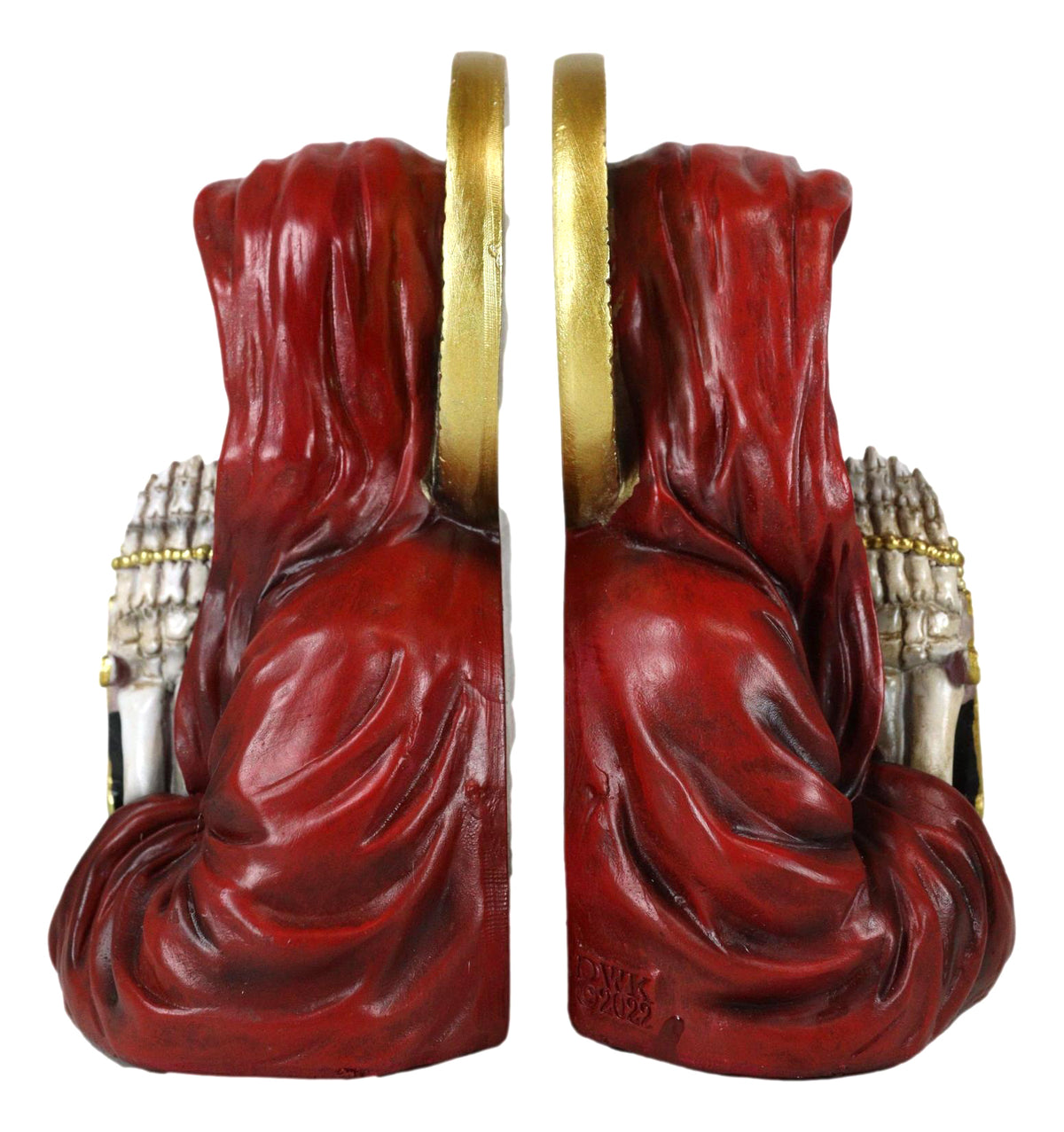 Day of The Dead Gothic Red Santa Muerte With Gold Halo Rosary Cross Bookends Set