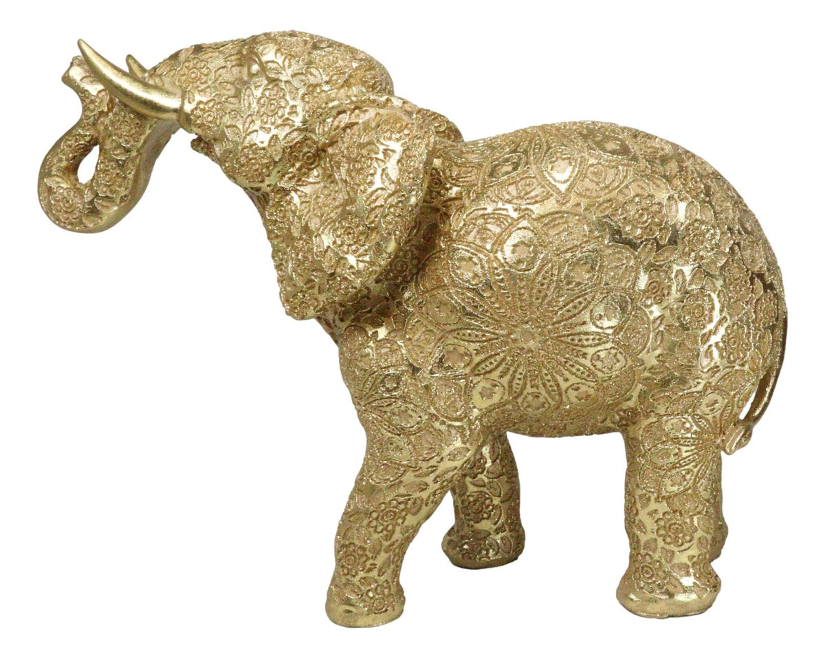 Large Feng Shui Royal Gold Ornate Mandala Design Elephant With Trunk Up Figurine - Ebros Gift