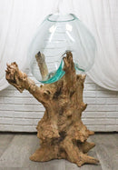 Large 28"H Bali Handicraft Driftwood With Molten Glass Bowl Vase Aquarium Decor