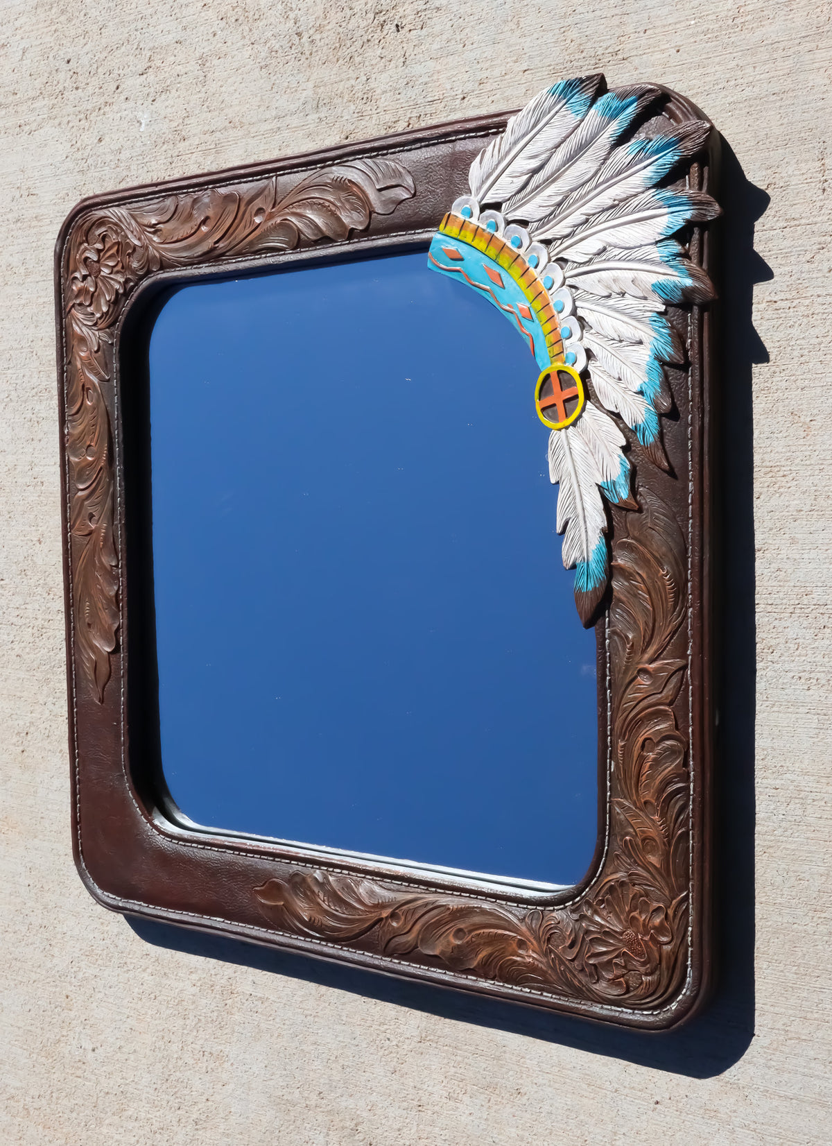 Rustic Southwestern Indian Chief Headdress Faux Tooled Leather Wall Mirror Decor