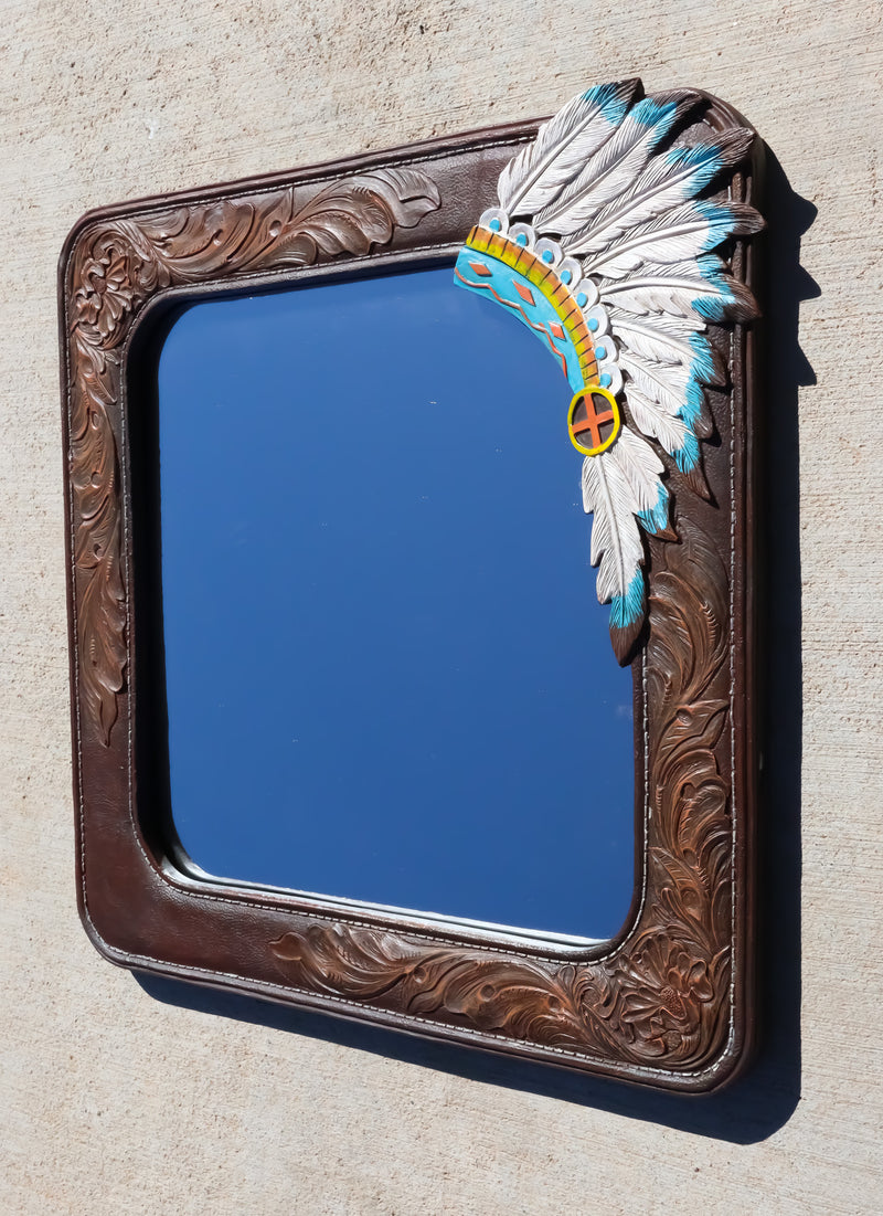 Rustic Southwestern Indian Chief Headdress Faux Tooled Leather Wall Mirror Decor