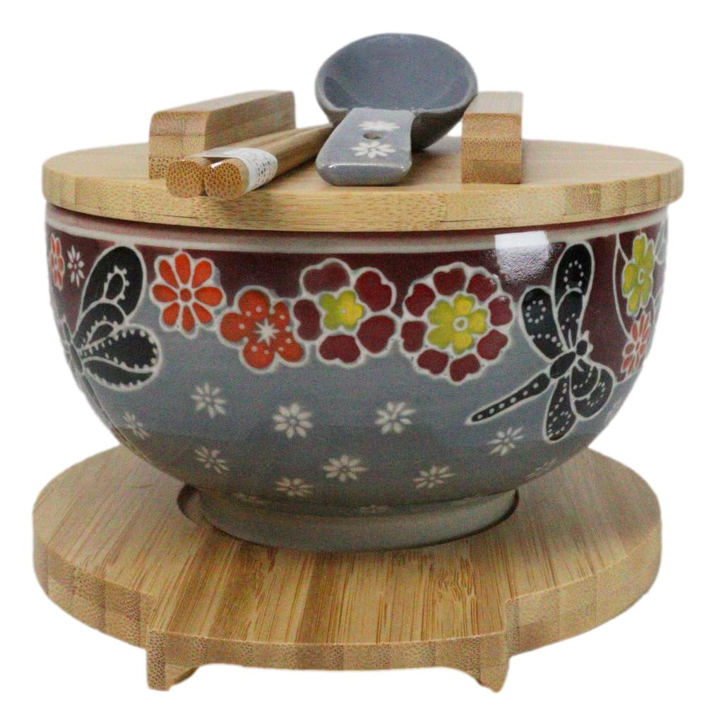 Maroon Tombo Dragonfly Donburi Ramen Bowl With Lid Trivet Spoon Chopsticks Set