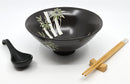 Green Bamboo Forest Black Ceramic Ramen Bowl Soup Spoon Chopsticks And Rest Set