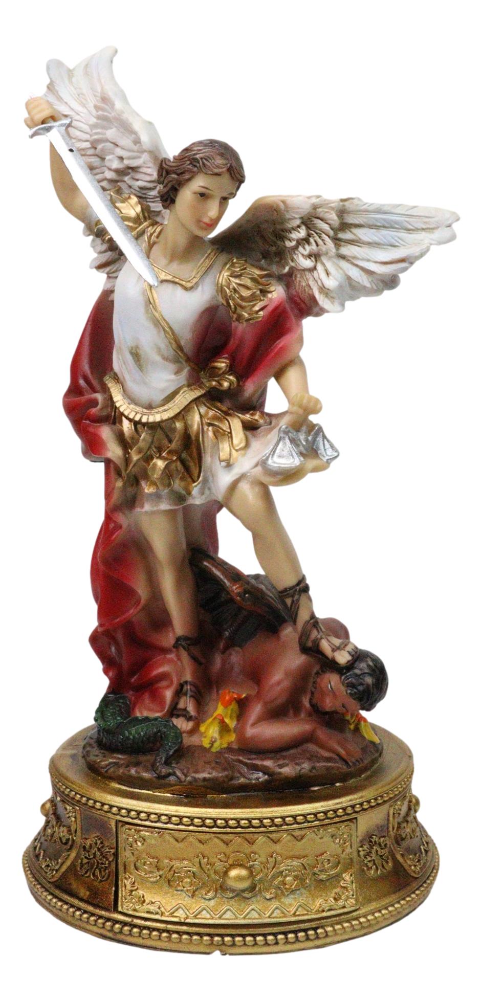 Archangel Saint Michael Trampling Satan Figurine With Rosary Drawer Box 9"H