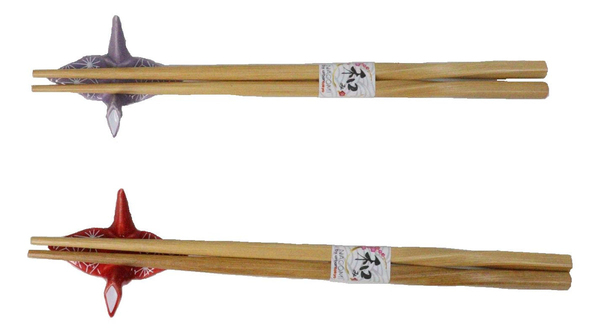 Red And Purple Origami Cranes Set of 2 Wooden Chopsticks And Ceramic Rests Set