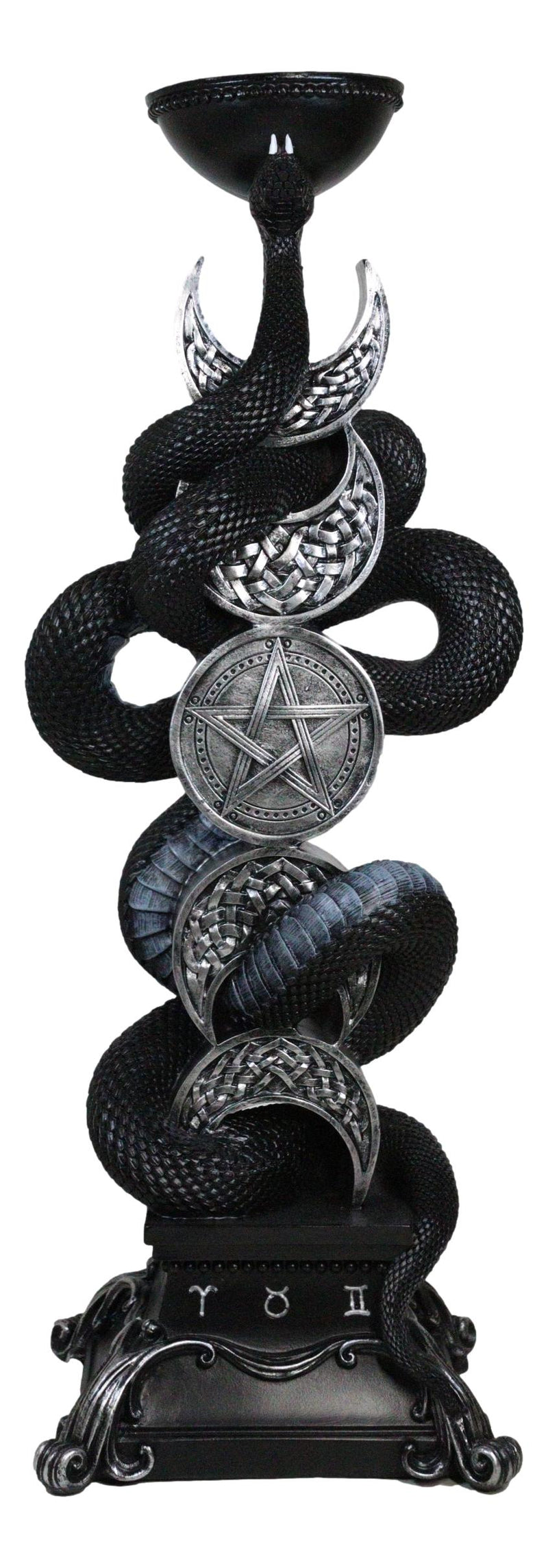 Wicca Triple Moon Pentagram Insignia Black Viper Snake Taper Candle Holder Decor